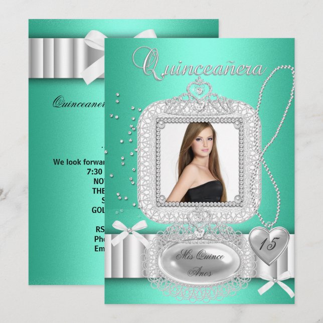Quinceanera 15th Green Lace Pearl Photo Invitation (Front/Back)