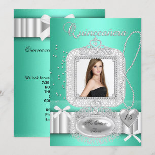 Quinceanera 15th Green Lace Pearl Photo Invitation