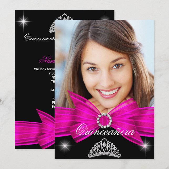Quinceanera 15th Hot Pink Black Birthday Party 2 Invitation (Front/Back)