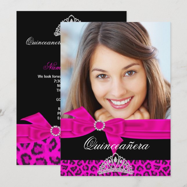 Quinceanera 15th Hot Pink Black Leopard Photo Invitation (Front/Back)