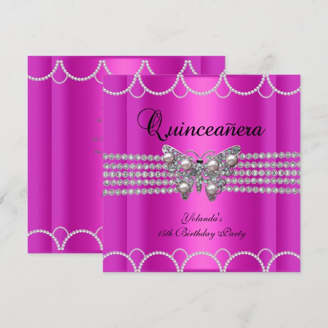 Quinceanera 15th Hot Pink Butterfly Pearl Lace Invitation (Front/Back)