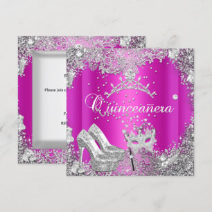 Quinceanera 15th Hot Pink Silver Mask Tiara Invitation