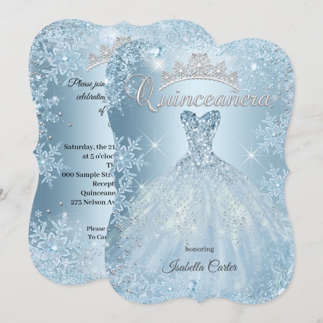 Quinceanera 15th Icy Blue Winter wonderland Dress Invitation (Front/Back)
