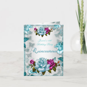 Quinceanera 15th Invite Teal Blue White Pink Rose