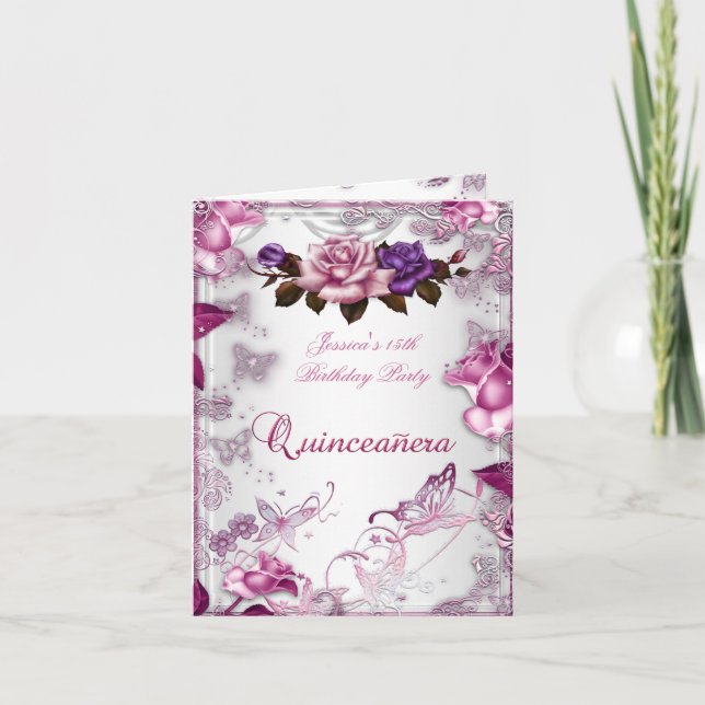 Quinceanera 15th Invite White Pink Purple Rose (Front)