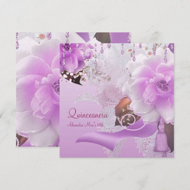 Quinceanera 15th Lilac Pink Floral White Invitation (Front/Back)