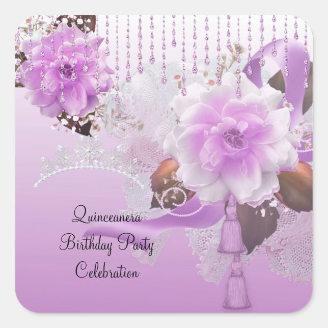 Quinceanera 15th Lilac Pink Floral White Square Sticker (Front)