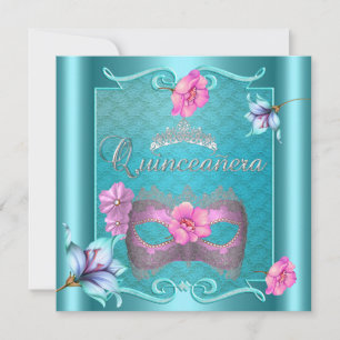 Quinceanera 15th Mask Teal Blue Pink Silver Floral Invitation