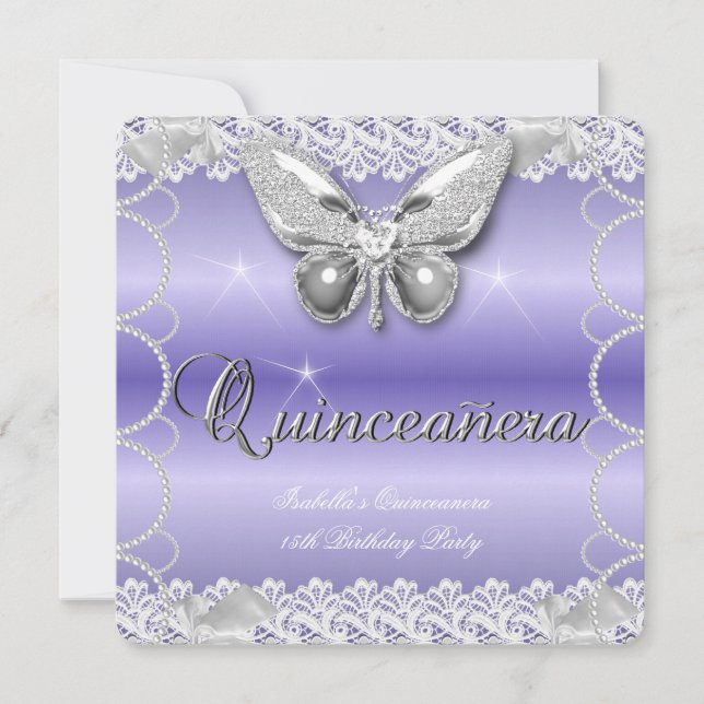 Quinceanera 15th Mauve Lace Butterfly Pearl Party Invitation (Front)
