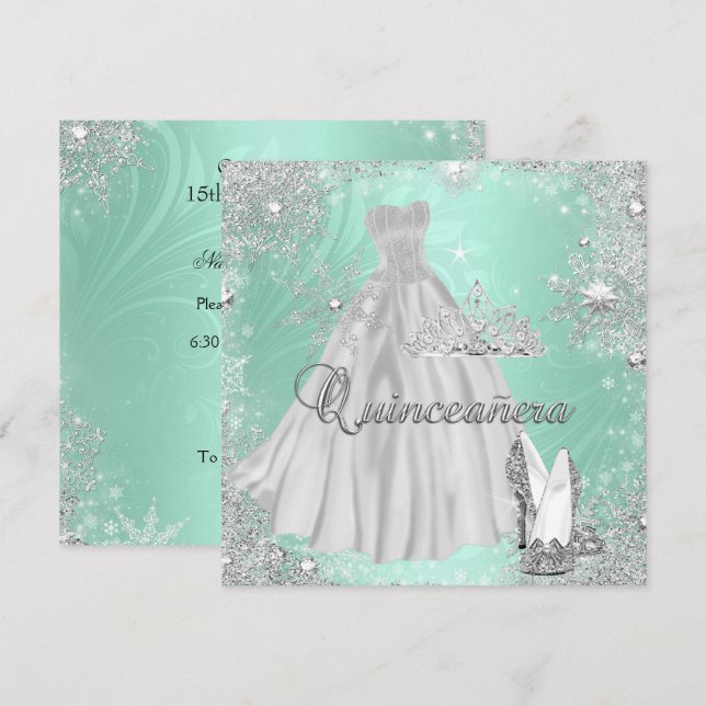 Quinceanera 15th Mint Silver Birthday Party Invitation (Front/Back)