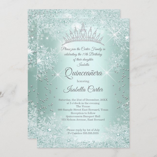 Quinceanera 15th Mint Teal Snowflake Winter Invitation (Front/Back)