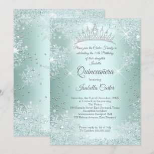Quinceanera 15th Mint Teal Snowflake Winter Invitation