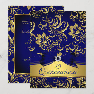 Quinceanera 15th Navy Blue Gold Floral Damask Bow Invitation