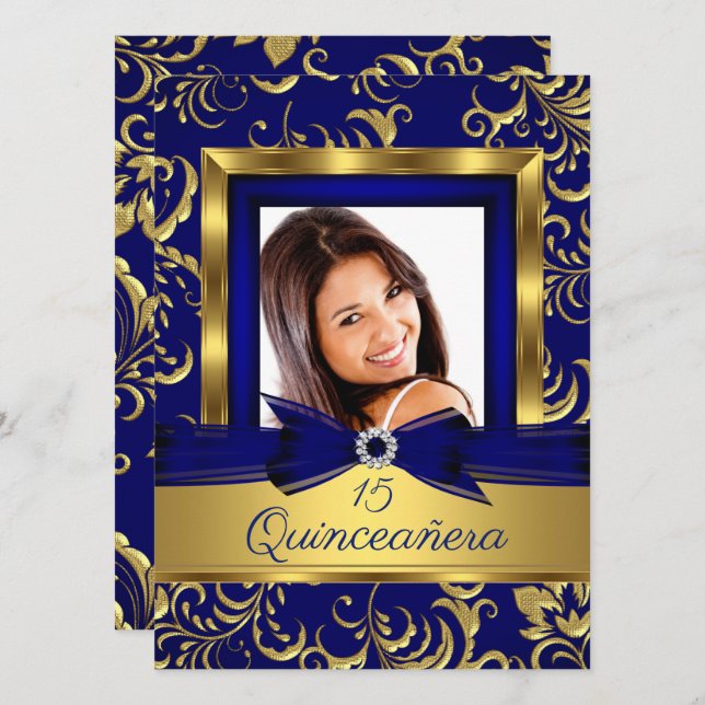Quinceanera 15th Navy Blue Gold Floral Photo Invitation (Front/Back)