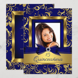 Quinceanera 15th Navy Blue Gold Floral Photo Invitation