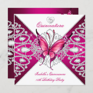 Quinceanera 15th Party Dark Pink Butterfly Tiara Invitation