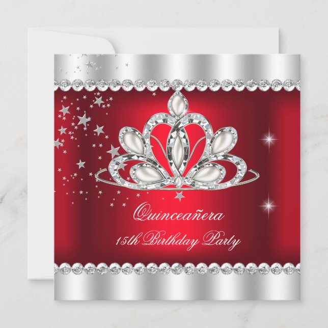 QUINCEANERA 15th Party Dark Red Silver Tiara Invitation (Front)