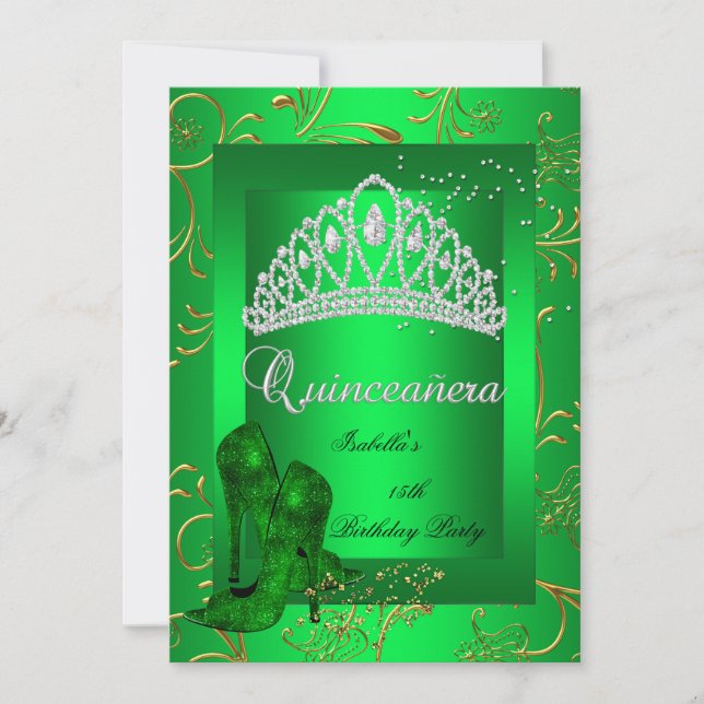 Quinceañera 15th Party Gold Green Glitter Look Invitation (Front)