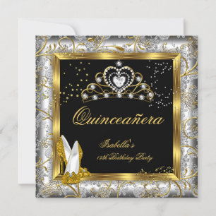 Quinceañera 15th Party Gold Silver Damask Glam Invitation