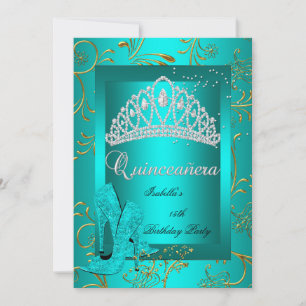 Quinceañera 15th Party Gold Teal Glitter Look Invitation