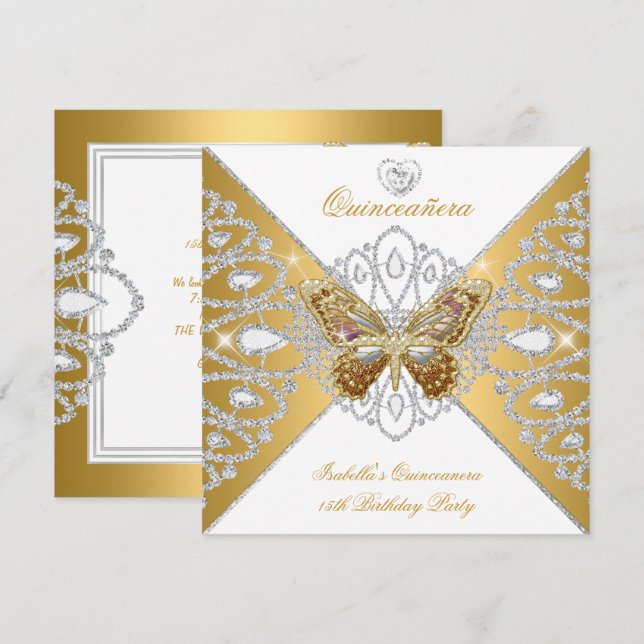 Quinceanera 15th Party Gold White Butterfly Tiara Invitation (Front/Back)