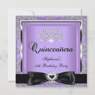 Quinceanera 15th Party Lilac Damask Silver Black Invitation