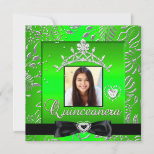 Quinceanera 15th Party Lime Green Silver Damask Invitation