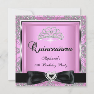Quinceanera 15th Party Pink Damask Silver Black Invitation