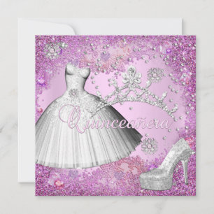 Quinceanera 15th Party Pink Tiara Dress Shoe Invitation