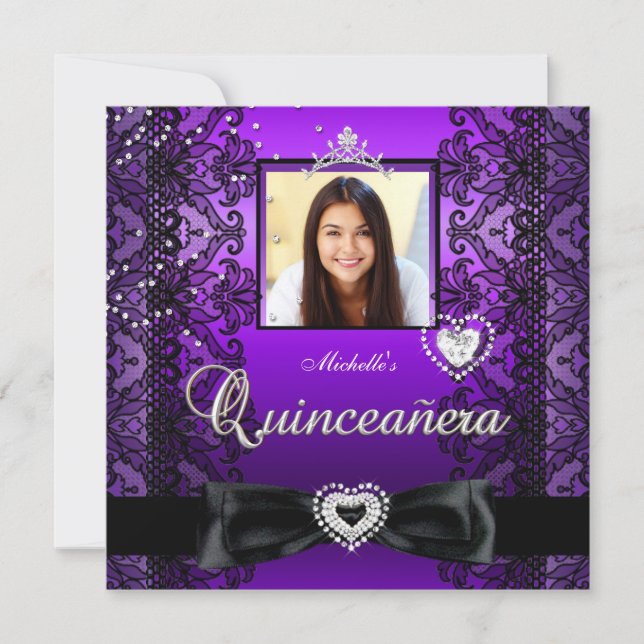 Quinceanera 15th Party Purple Black Lace Photo Invitation (Front)