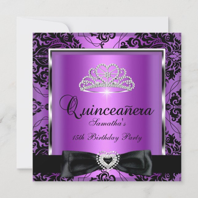 Quinceanera 15th Party Purple Damask Silver Black Invitation (Front)
