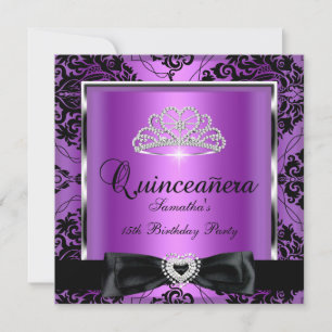 Quinceanera 15th Party Purple Damask Silver Black Invitation