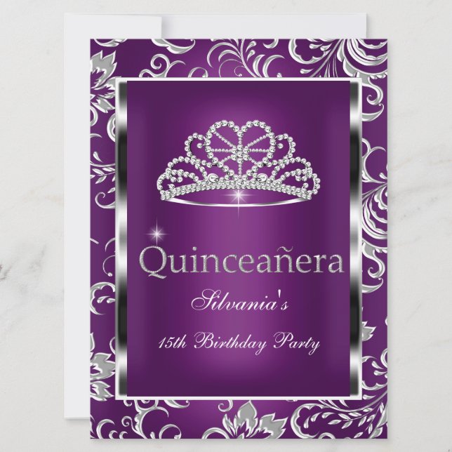 Quinceanera 15th Party Purple Plum Damask Silver Invitation (Front)