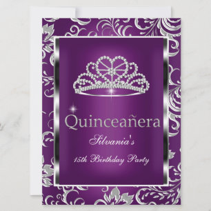 Quinceanera 15th Party Purple Plum Damask Silver Invitation