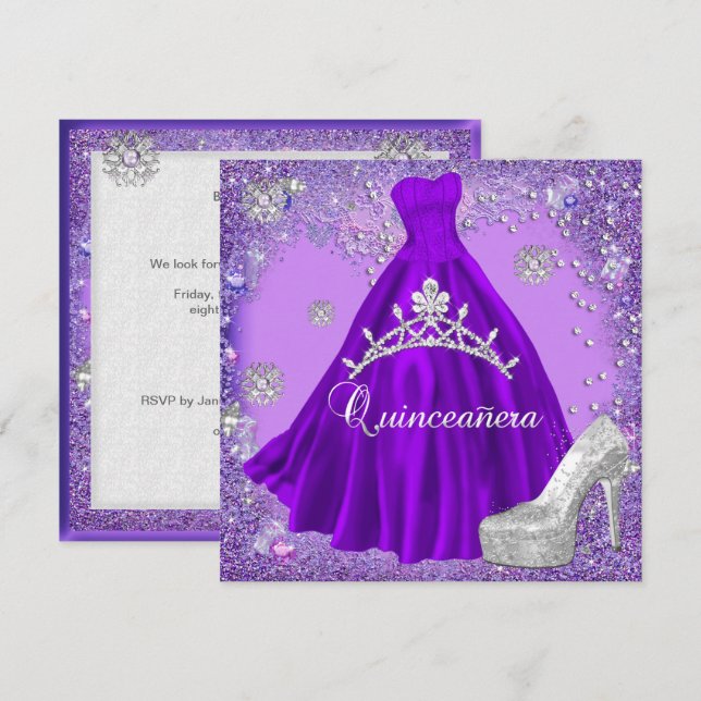 Quinceanera 15th Party Purple Tiara Dress Shoe Invitation (Front/Back)