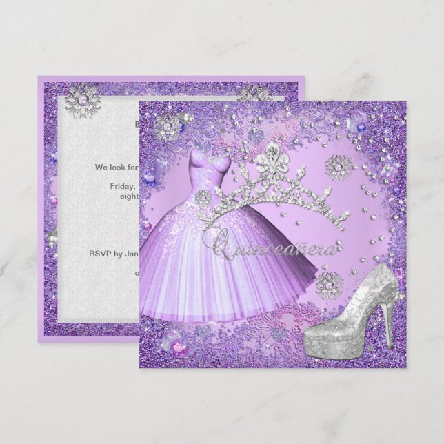 Quinceanera 15th Party Purple Tiara Dress Shoe Invitation (Front/Back)