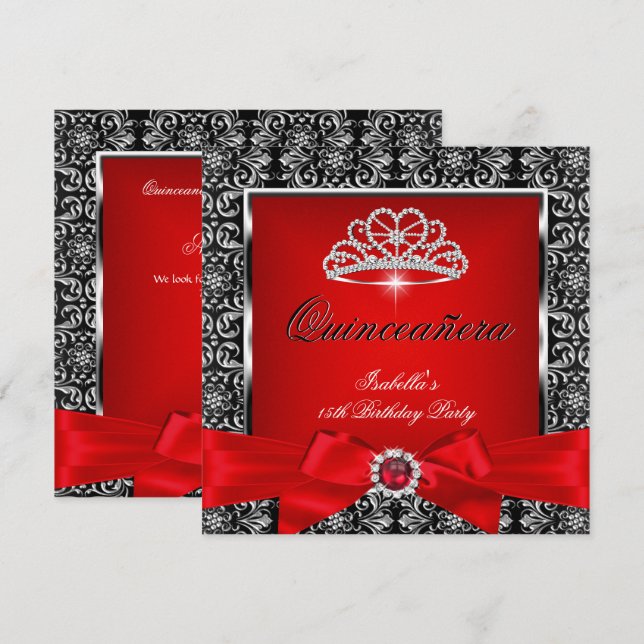 Quinceanera 15th Party Red Damask Silver Black 3 Invitation (Front/Back)