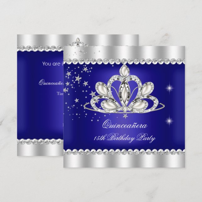 QUINCEANERA 15th Party Royal Blue Tiara Silver Invitation (Front/Back)