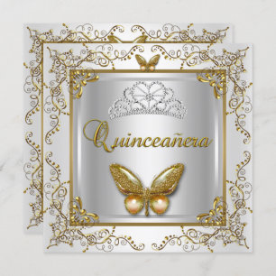 Quinceanera 15th Party Silver White Gold Butterfly Invitation