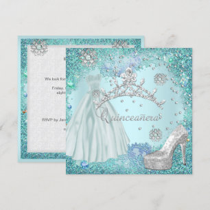 Quinceanera 15th Party Soft Teal Tiara Dress Shoe Invitation