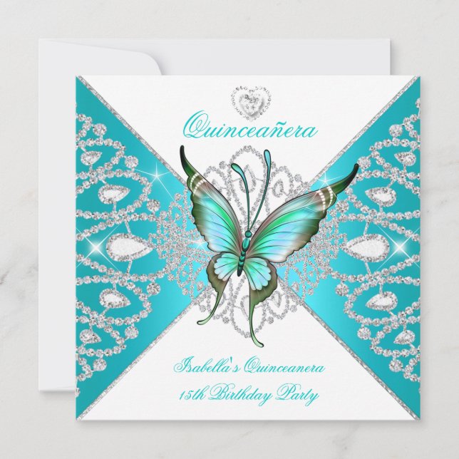 Quinceanera 15th Party Teal Blue Butterfly Tiara Invitation (Front)