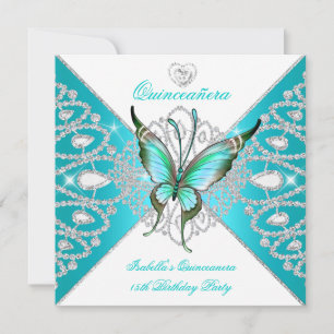 Quinceanera 15th Party Teal Blue Butterfly Tiara Invitation