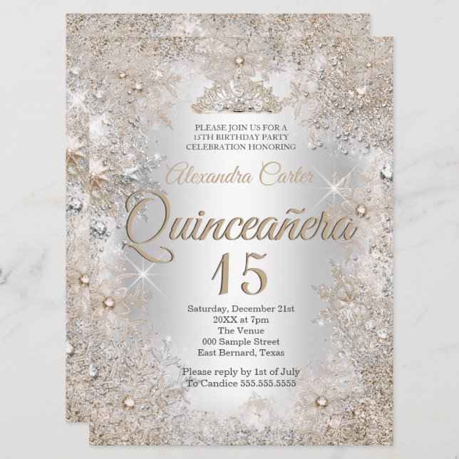 Quinceanera 15th Photo Silver Beige Snowflake Invitation (Front/Back)