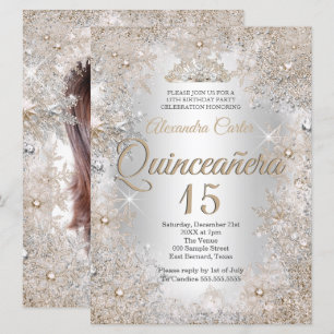 Quinceanera 15th Photo Silver Beige Snowflake Invitation