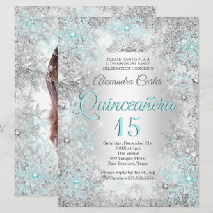 Quinceanera 15th Photo Silver Teal blue Snowflake Invitation