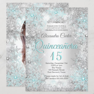 Quinceanera 15th Photo Silver Teal blue Snowflake Invitation