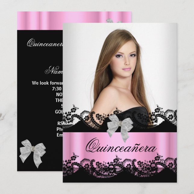 Quinceanera 15th Pink Black White Lace Photo Invitation (Front/Back)