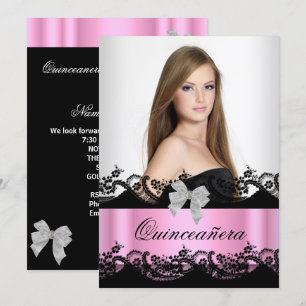 Quinceanera 15th Pink Black White Lace Photo Invitation