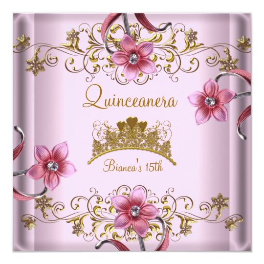 Quinceanera 15th Pink Flowers Gold Tiara Card