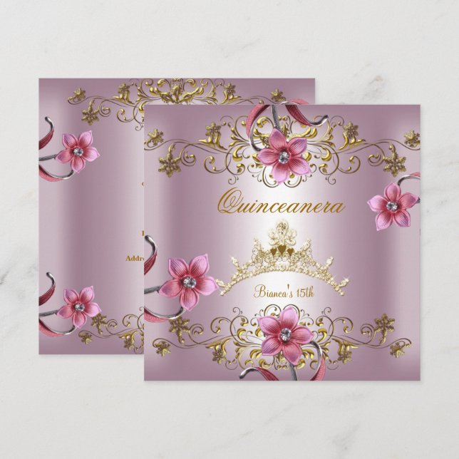 Quinceanera 15th Pink Flowers Gold Tiara Invitation (Front/Back)